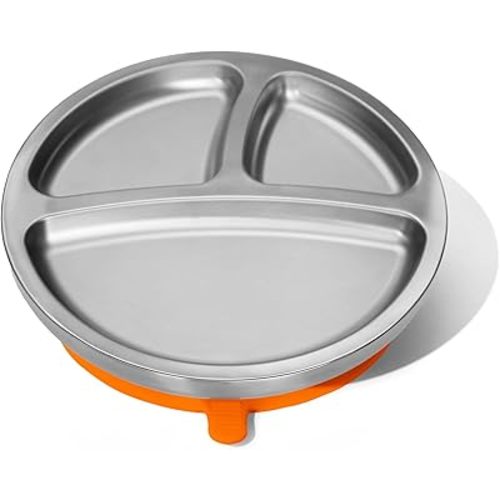 Avanchy Baby Plates with Suction – Stainless Steel Divided Plates for Toddlers, BPA-Free, Dishwasher Safe, Unbreakable, Non-Toxic, 100% Silicone Suction – Orange