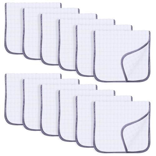 SWEET DOLPHIN 12 Pack Muslin Burp Cloths Large 100% Cotton Hand Washcloths for Baby - Baby Essentials Extra Absorbent and Soft Boys & Girls Milk Spit Up Rags for Newborn Registry - Grey Trim, 20" X10"