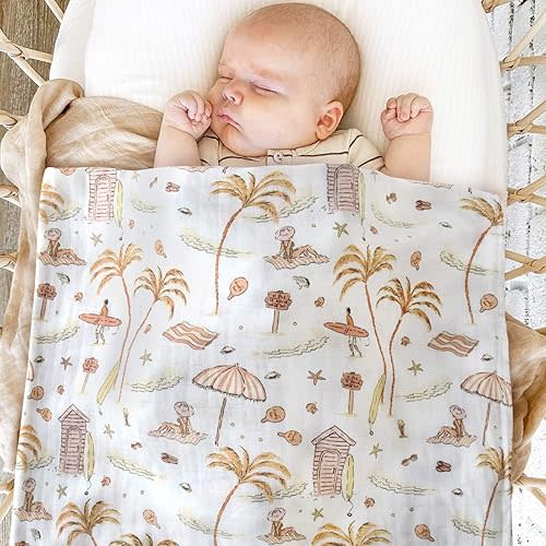 LifeTree Baby Swaddle Blanket, 70% Viscose from Bamboo and 30% Cotton Muslin Swaddles Blankets Boys Girls, Swaddling Blanket Neutral for Newborn, Super Soft Large 47" x 47", Yellow Sand Beach