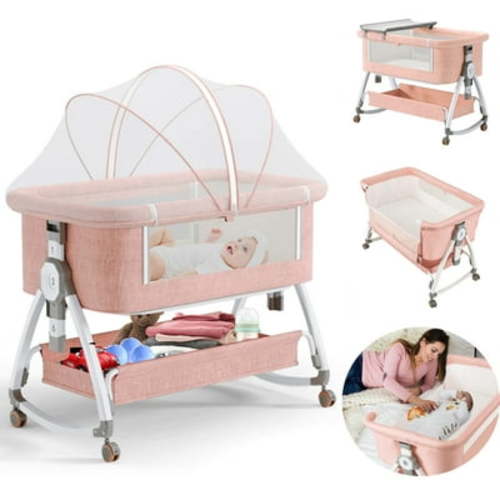 5-in-1 Folding Baby Bassinet,6-Height-Adjustable Crib with Lockable Wheels,Changing Table(Pink)