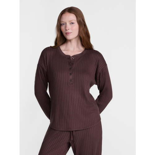 Joyspun Women's Cozy Lounge Collection Hacci Long Sleeve Henley Sleep Top, Sizes XS to 3X