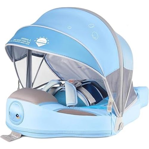 Mambobaby Non-Inflatable Baby Pool Float with UPF 50+ Sun Canopy, Anti-Flip Infant Swimming Float with 5-Point Safety Harness, Baby Beach Essentials for 3-24 Months Infants & Toddlers, Puncture-Proof