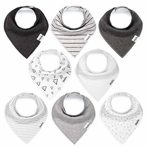 Baby Bandana Drool Bibs for Boys and Girls, Unisex 8 Pack Bib Set with Snaps for Drooling, Teething and Feeding, Soft and Absorbent, Baby Shower Gift for Newborn by KiddyStar. - Gray, White, Black