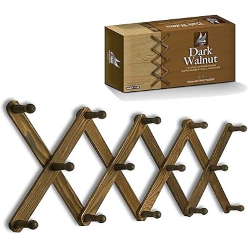 Expandable Wooden Coat Rack Hanger – Accordion Wall Mounted Pine Wood Hooks – Hand Made Vintage Expending Pegs – Hang Coat, Jacket, Hat, Leash, Towel, Scarf, Mug, Bag – Dark Walnut