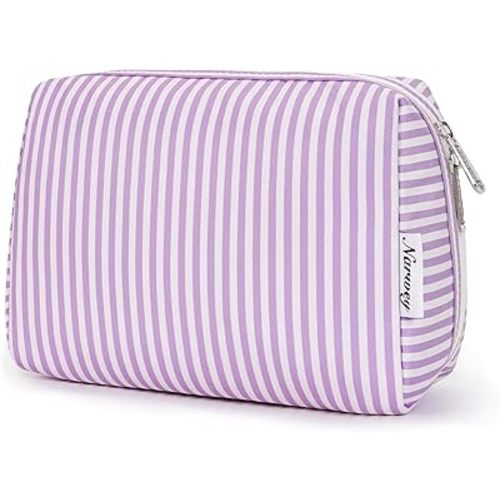 Narwey Striped Makeup Bag Travel Cosmetic Bag Organizer Toiletry Bag Make Up Bags with Compartments for Women Girls (Large, Purple Stripe)