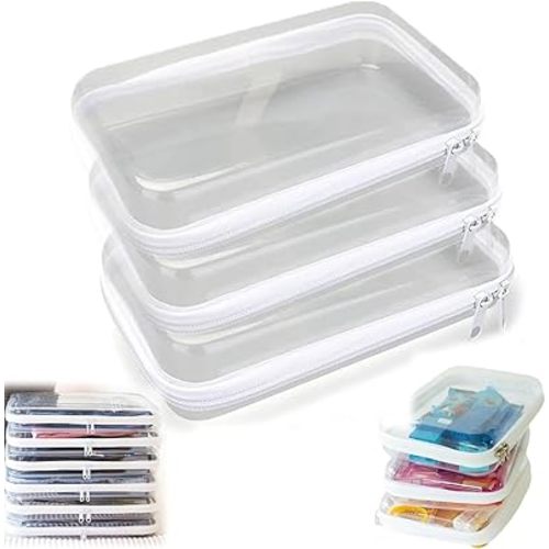 Hard Clear Zipper Case, Transparent Hard Shell Zipper Pouch, Zippered Transparent Cases for Snacks,Clear Hard Shell Portable Waterproof Cosmetic Bag with Reusabl (White-S 3PCS)