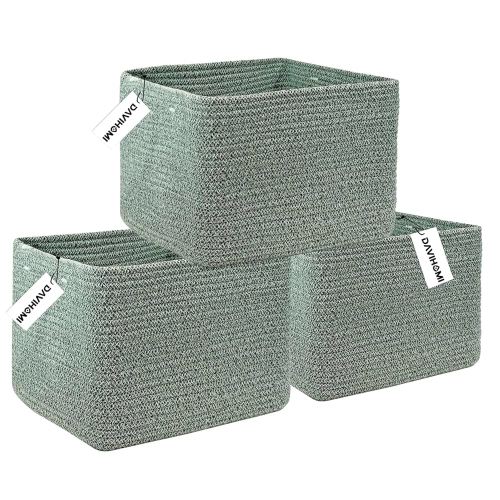 3Pack Small Woven Cotton Rope Basket for Organizing, Gift Baskets for Handles, Empty Gift Baskets, Medium Rope Basket|13.5" x 11" x 9.5" home decor for Living Room, Bathroom(Green)