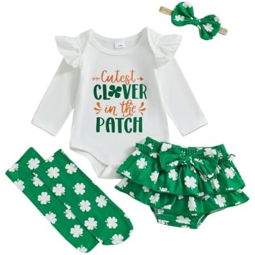 BeQeuewll Baby Girl St Patricks Day Outfit Letter Print Long Sleeve Romper Tutu Skirt Headband Set Newborn Baby Girls Clothe
