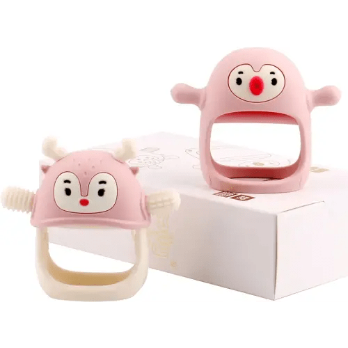 Smily Mia Teething Toys for Babies 0-12 Months, Penguin and Reindeer Baby Gift Set, Chew Toys 3M+, Hand Teether Set, Light Pink