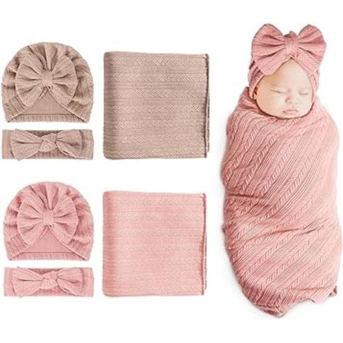 DRESHOW BQUBO Newborn Receiving Blanket Headband Hat Set for Baby, Unisex Baby Boys Girls Essentials, Newborn Registry Must Haves, Stroller Crib Shower Gifts