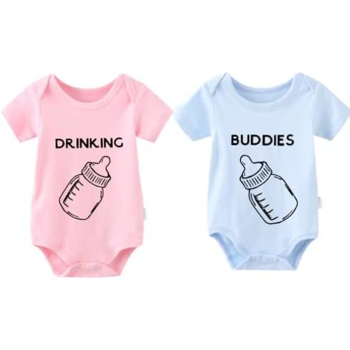 YSCULBUTOL Baby Twins Bodysuit Drinking Buddies Newborn Baby Romper Twins Boy Girl Matching Outfits Triplets Set