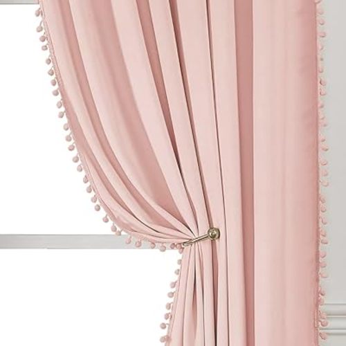 Pom Pom Velvet Curtains 96 Inches for Bedroom, Pink Velvet Curtains- Thermal Insulated Room Darkening Sun Blocking Rod Pocket Window Drapes for Living Room, 2 Panels, 42 x 96 Inches