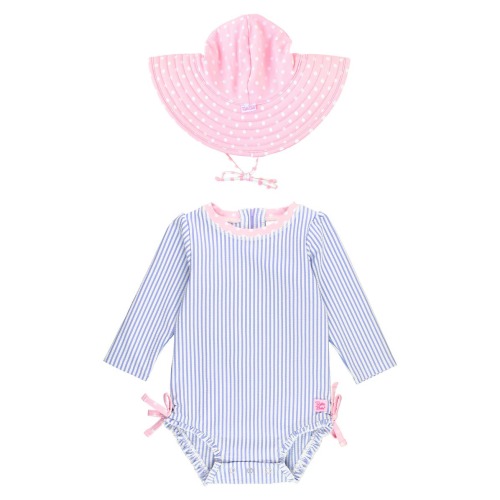 Seersucker One-Piece Rashguard Swimsuit & Hat Set