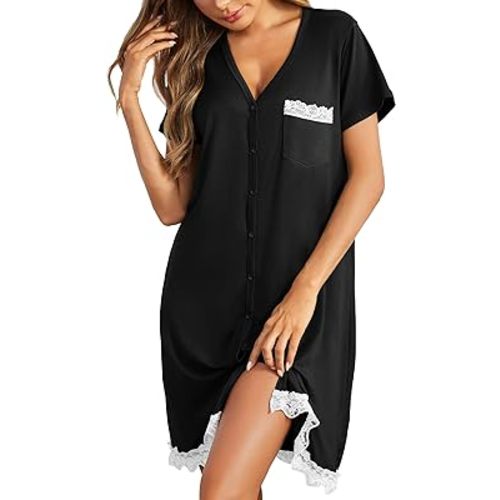 Ekouaer Women Striped Nightgowns Button Down Sleepshirts Short Sleeves Nightshirts