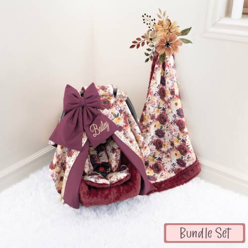 Burgundy Floral Garden Baby Car Seat Cover Accessories Set: Baby Car Seat Cover, Insert Cushions, & Personalized Blanket - FREE SHIPPING