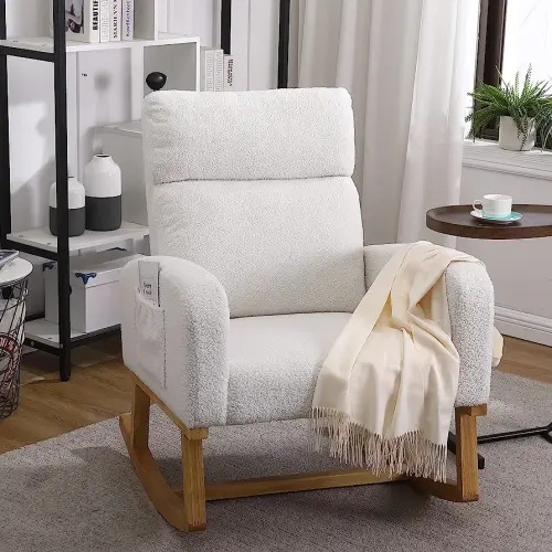 Rocking Chair Nursery, Sherpa Nursering Rocking Armchair for Mom Nursery Rocker with High Backrest for Living Room,Bedroom(Teddy Beige)