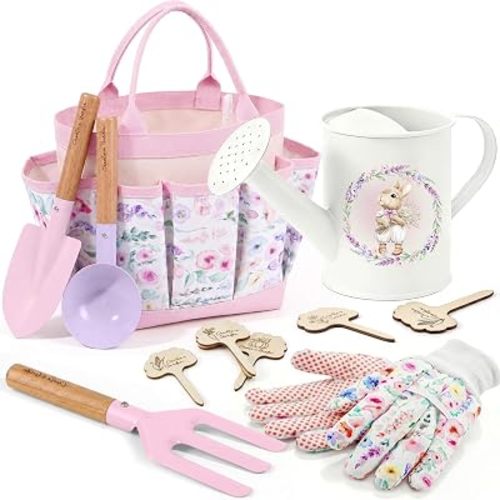 Kids Gardening Set Toys, 12PCS Garden Tool Kit for Kids and Toddlers with Tote Bag,Watering Can, Gloves, Shovel, Learning Outdoor Toys Gifts for Boys Girls Age 3-6 (Pink)