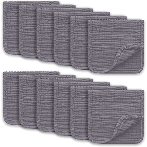 Muslin Burp Cloths Large 100% Cotton Hand Washcloths for Boys & Girls, Baby Essentials Extra Absorbent and Soft Burping Rags for Newborn Registry (Grey, 12-Pack, 20" X10")
