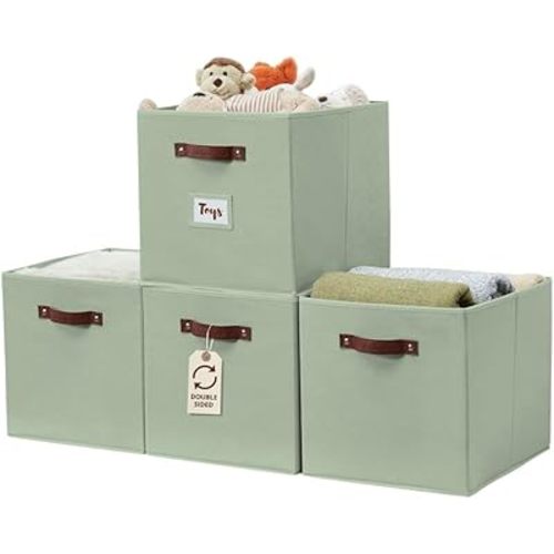 DECOMOMO Storage Baskets, 13x15x13 Storage Cube Bins with Labels for Organizing Shelves Kallax (Kallax / 4pcs, Sage Green)