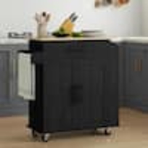 FAMYYT Rolling Black Wood Top 30 in. Kitchen Island with Outlets, USB Ports and Adjustable Shelf XJ-A12B-L