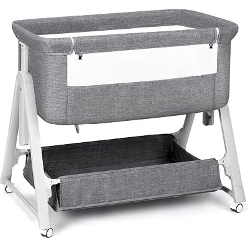 Cowiewie Bassinet Bedside Sleeper, Baby Bassinet with Adjustable Height & Angle XL Storage Bag & Breathable Mesh Bedside Bassinets for Baby, C-Section Friendly (Dark Gray