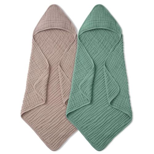 Blissful Diary Muslin Baby Hooded Towel 2 Pack, Soft & Absorbent Bath Towel for Infant, Toddler, Baby Gift, Newborn Essentials, Roman Green & Sand