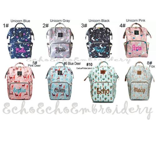 Diaper bag, Nappy, Baby Bag. Backpack PERSONALIZED name monogram embroidered Unicorn, Fox, Deer, Cactus, Llama, Arrow, flowers, Feather
