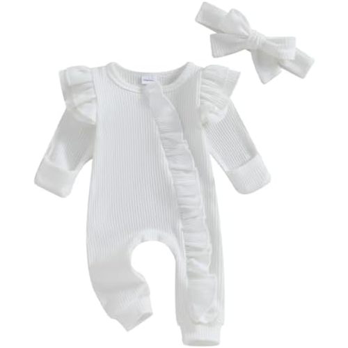 MoZiKQin Newborn Baby Girl Ruffle Romper Knit Sweater Onesie Jumpsuit Long Sleeve Zipper Romper Solid Fall Winter Outfits