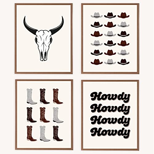 VNWEK Retro Beige Brown Preppy Howdy Western Bull Skull Cowboy Hat Boots Wall Art Poster Prints Unframed 8”x10”Set Of 4,Western Preppy Decorations for Home Preppy Room Dorm,Teen Girls Gifts (8x10inch)