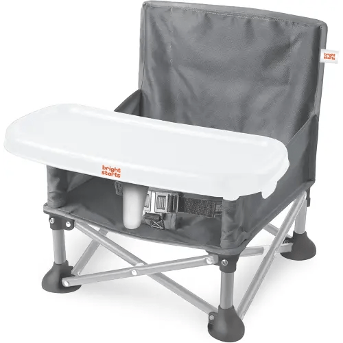 Bright Starts Pop 'N Sit Portable Booster, Indoor/Outdoor Use, Floor Seat with Feeding Tray, Grey, 6 Mos - 3 Yrs