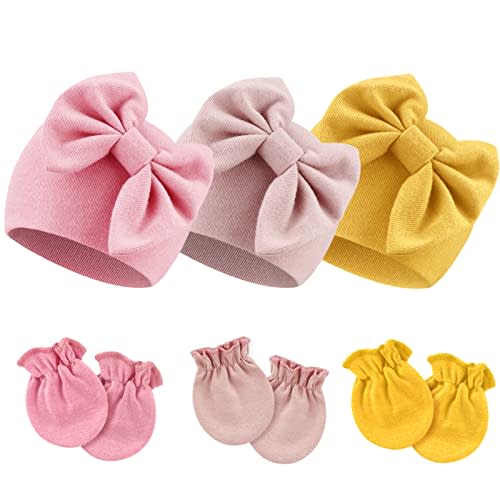 BQUBO Newborn Baby Hospital Hats Beanie Bow Infant Caps Baby Cotton No Scratch Mittens Set for 0-6 Months