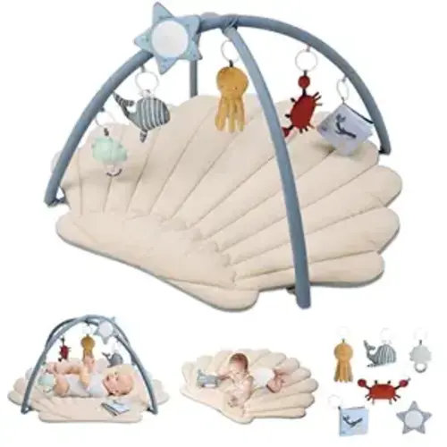 Blissful Diary Shell Baby Play Gym Mat, Softer & Enlarged Tummy Time Mat w 6 Detachable Toys for Sensory & Motor Skill Development, Activity Mat for Newborn Essentials Shower Gift, Boho Ocean Theme