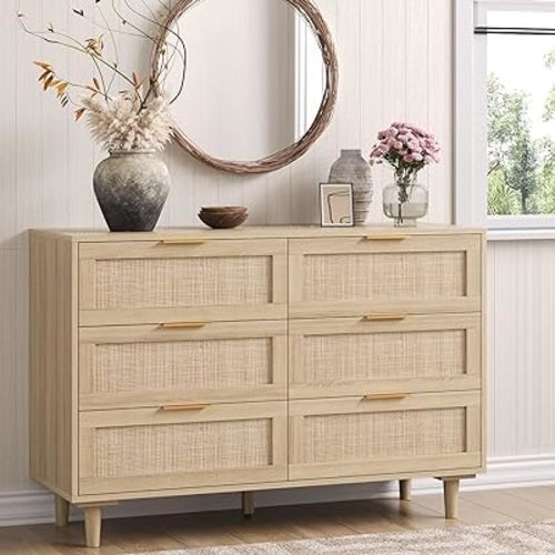 Angel Sar Rattan Dresser for Bedroom, 6 Drawer Wide Dresser, Boho&Farmhouse Chest of Drawers, 43" Clothes Storage Cabinet, Metal Handle&Wood Legs for Hallway, Living Room, Bedroom, Wood