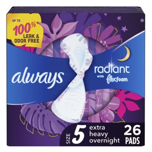 Always Radiant Feminine Pads, Size 5 Extra Heavy Overnight, with Wings, 26 CT