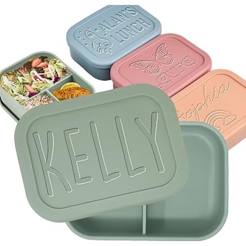 xrlsg Personalized Bento Box Custom Silicone Lunch Box Engrave Name Lunch Containers with 3 Compartment for Work Travel Microwave Freezer Dishwasher Safe