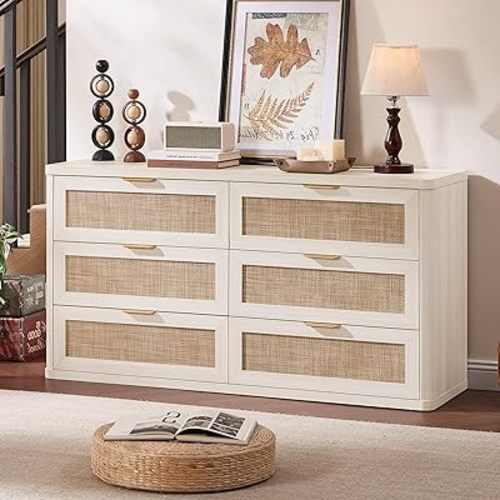 LEYAOYAO Boho Dresser for Bedroom, 6 Drawers Rattan 54" White Dressers Chest of Drawers, Dresser TV Stand, Dressers Closet Organizer for Living Room, Hallway
