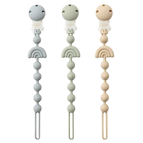 Baby Pacifier Clips One Piece Binky Clip Holder Silicone Teether Clip Pacifier Straps with Clip Baby Teether Toys for Boys and Girls Set of 3 Andy Bear-Ivory+Sage+Baby Blue
