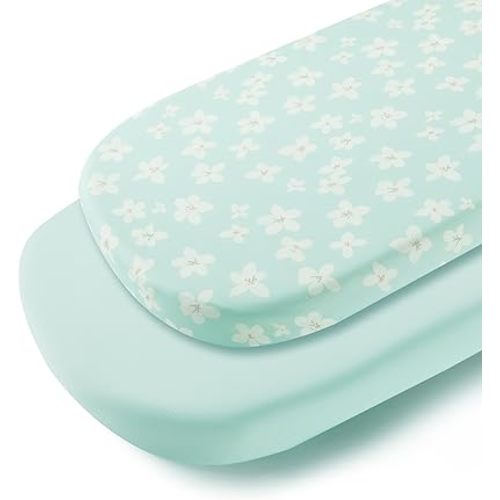 TILLYOU Baby Bassinet Sheets for Girls Boys, Fit for Hourglass Oval Rectangle Bassinet Mattress Sheets, 33”X16”, 2 Pack Fresh Flowers and Light Green
