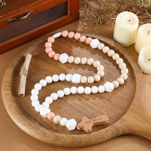 Misdary Baby Rosary Baptism Gift Silicone God Bless Kids First Rosary with Cross 1st Year Baptism Party Supply for Baby Shower Christian Communion Gifts(Khaki,Square)