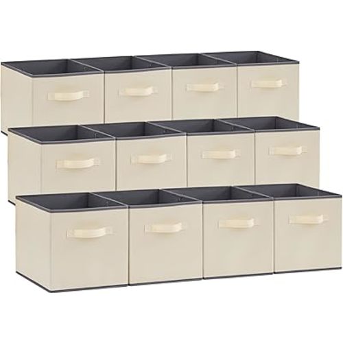 Lifewit 12 Packs Storage Cubes, 11 Inch Cube Storage Bins, Foldable Decorative Fabric Storage Baskets for Organizing Home Organizers with Handles for Shelves, Closet,Beige