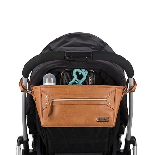 Itzy Ritzy Adjustable Stroller Caddy and Organizer Bag Featuring Front Zippered Pocket, 2 Built-in Interior Pockets & Adjustable Straps to Fit Nearly Any Stroller (Cognac)