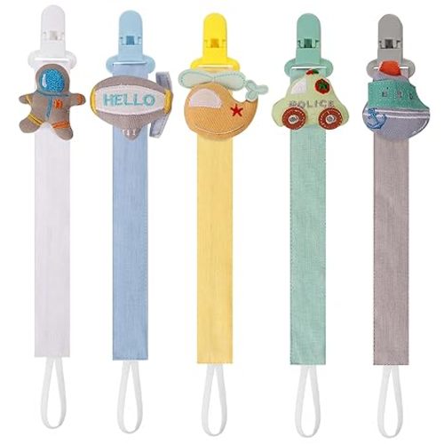 5 Pack Pacifier Clips for Baby Boys, Multicolor Fabric Straps,5pcs Straps, Approx. 11 in / 29 cm, Resin Clips with Inner Grip Design, Fits Most Pacifiers with Handles(12)