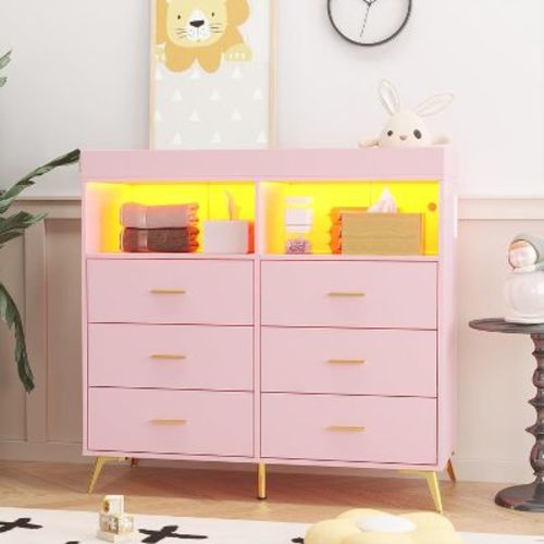 Baby Changing Table Dresser with 6 Drawers, Dresser for Bedroom with LED Lights and Power Outlet, Baby Dresser with Changing Table Top, Pink