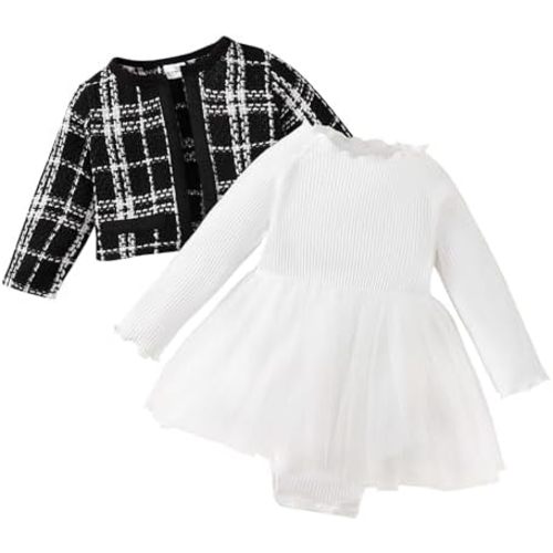 Newborn Baby Girl Clothes 2Pcs Long Sleeve Top Plaid Tweed Cardigan and Romper Dress Set Infant Girls Spring Fall Outfit