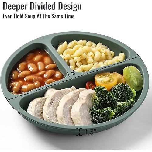 VITEVER 3 Pack Suction Plates with Lids and Utensils for Babies & Toddlers, 100% Food-Grade Silicone, Divided Design, Microwave & Dishwasher Safe
