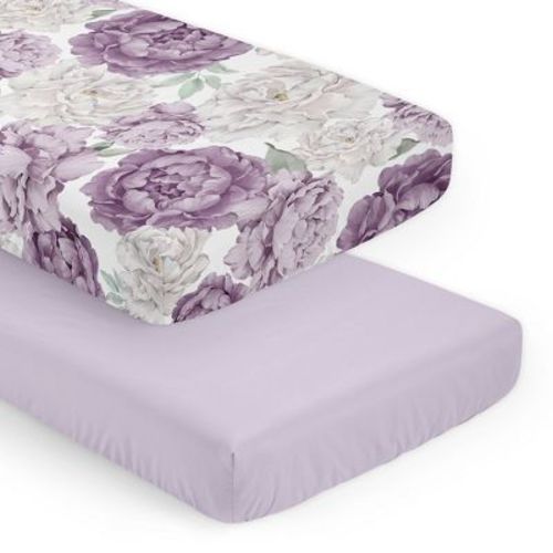 Sweet Jojo Designs Girl Fitted Crib Sheets Set Peony Floral Garden Purple Ivory And Green 2pc
