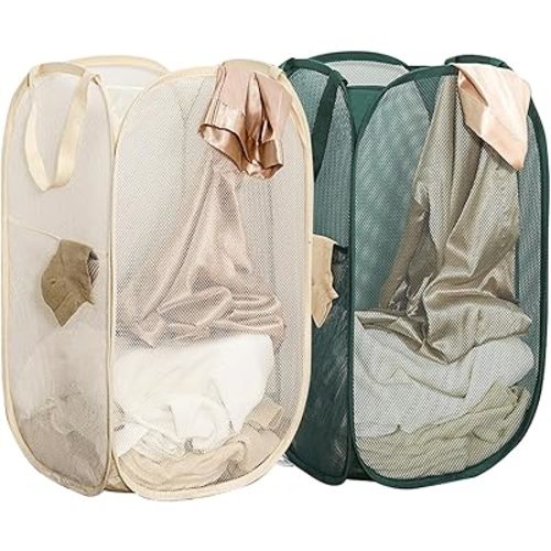 2Pack Collapsible Laundry Basket with Side Pocket, Mesh Pop Up Hamper Portable Carrying Handle, Cruise Room Storage Basket (Beige+Green)