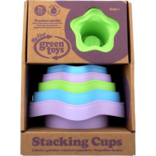 Green Toys Stacking Cups, Purple/Blue/Green - 6 Piece Motor Skills, Building, Stacking Toy Set. Safe for Babies and Toddlers. Dishwasher Safe, Recycled Plastic, Made in USA.