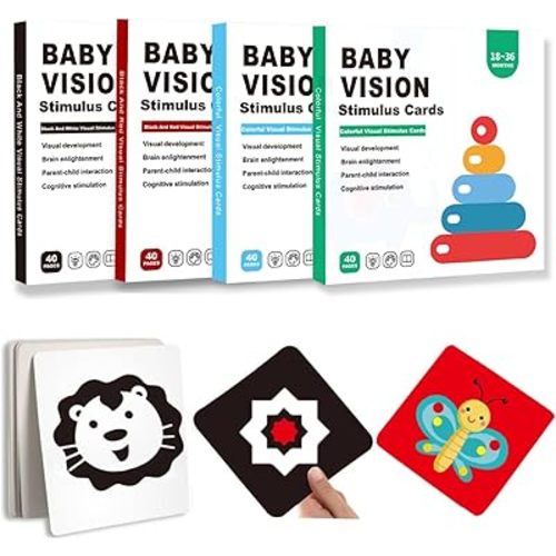 Visual Stimulation Flashcards, 80PCS 160 Pages Black and White Colorful Baby Visual Stimulus Cards Sensory Developmental Black White Card Set for Newborn Baby (4 Books/0-36 Month)
