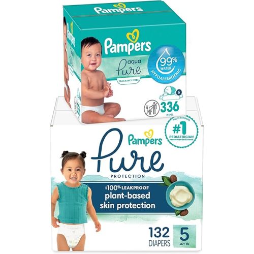 Pampers Pure Protection Disposable Baby Diapers Size 5, 132 Count with Aqua Pure Baby Wipes, 6X Pop-Top Packs (336 Count)